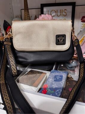 Versace Two-Tone Black and Gold Vegan Leather Crossbody Flap Bag
